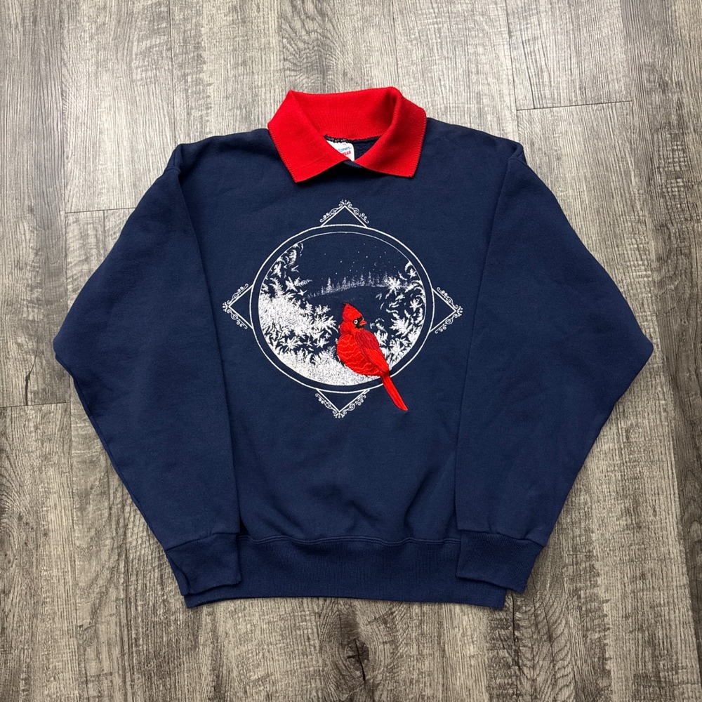 Vintage 90s Red Bird Cardinal Grandma Cottagecore Collared Sweatshirt